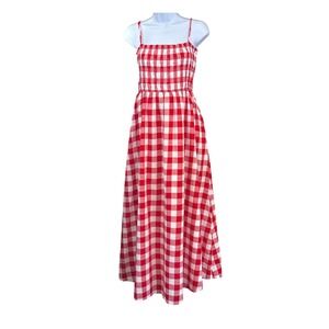 NWOT LOFT Red Gingham Smocked Maxi Dress Cottagecore Picnic Sundress Size 12